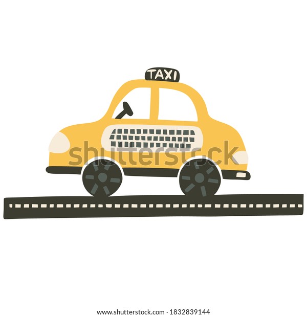 Taxi car\
vector illustration for baby boy shirt and room designs. Cute\
vehicle on a road travel poster. Kid auto\
card.