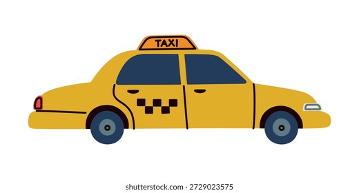 Ilustración vectorial de coche de taxi en estilo plano de dibujos animados. Concepto Urbana del transporte para los servicios de viaje, navegación de la ciudad, App, mapas, diseño de los niños, carteles, iconos, sentimiento juguetón, icono amarillo del coche