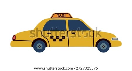 Taxi car vector illustration in flat cartoon style. Urban transportation concept for travel services, city navigation, apps, maps, kids design, posters, icons, playful mood, yellow car icon