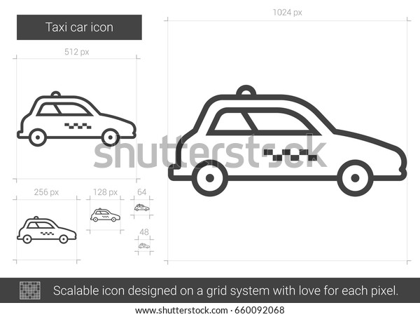 Taxi car vector line icon isolated on white\
background. Taxi car line icon for infographic, website or app.\
Scalable icon designed on a grid\
system.