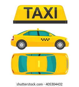 Taxi car. View top and side. Flat styled vector illustration. Isolated on white background