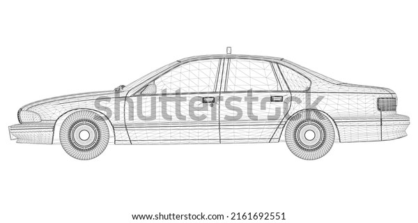 Taxi car wireframe from\
black lines isolated on white background. 3D. Side view. Vector\
illustration.