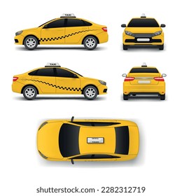 Taxi coche taxi amarillo taxi automóvil transporte de pasajeros ciudad transporte retrovisor frontal conjunto de ilustración vectorial realista. Transporte servicio de viajes urbanos transporte de vehículos automotores por carretera transporte a cuadros