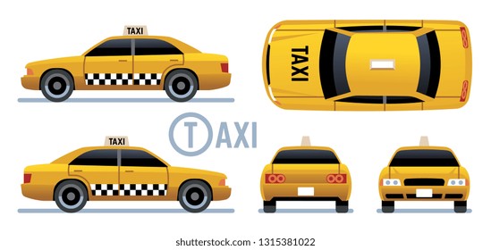 Taxi Car. Yellow Cab View From Side, Front, Back And Top. Cartoon City Taxi Vector Set