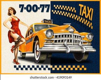 Taxi card with Pin-up girl and retro yellow taxi.
