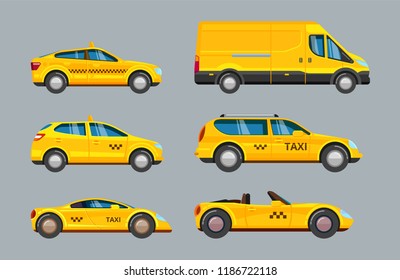 Taxi cars. Collection of service yellow cab transport chose your personal urban car in city uber checkers vector vehicle big set isolated