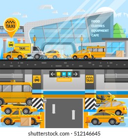 Taxi cars composition with vehicles on underground and land parking in flat style vector illustration