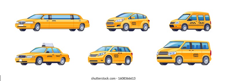 Taxi cars isolated over white background vector illustration. Set of different modern types of yellow taxi cars limousine, vip, sedan, hatchback, wheelchair van, minibus, suv template