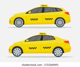 Taxi cars. New yellow transport in york for driver and passenger. Taxi service. Realistic branding auto. Top automobile isolated on white background. Cartoon vehicle for delivery in city road. Vector.