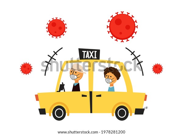 Taxi cartoon vector. Covid-19 in\
Taxi. Corona virus vector. Taxi driver wearing a face\
mask.