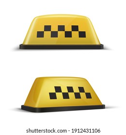 Taxi checker yellow sign realistic set. Car accessories. Cab top lights. Taxicab, vehicle for hire additional headlights. Front, three quater view. Vector realistic collection isolated on white.