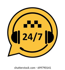 Taxi checkered icon with headphone set in yellow speech bubble. Taxi service sticker isolated on white background. EPS10 vector illustration for taxi company, taxi service, transportation service.