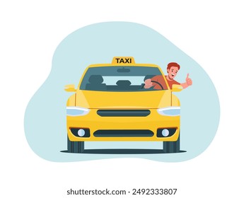 Taxi with a cheerful driver at the wheel. Taxi driver showing thumbs up gesture. Front view. Vector illustration.