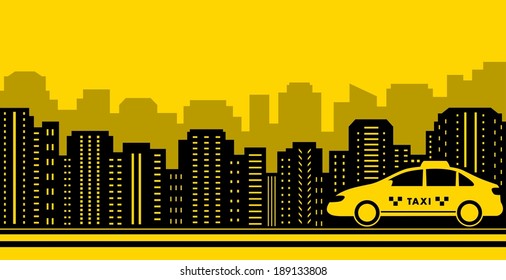 taxi city background with black town and yellow cab