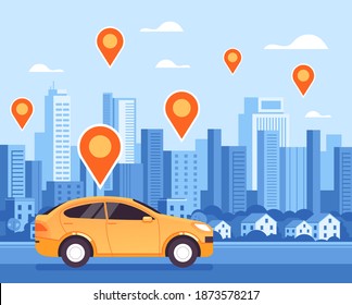 Concepto de ubicación de navegación por Internet móvil en la ciudad de Taxi. Ilustración de diseño gráfico de dibujos animados planos vectoriales