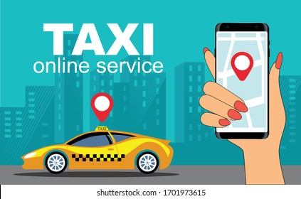 Taxi. City online taxi service. Vector image of a car and smartphone on a background of urban buildings.