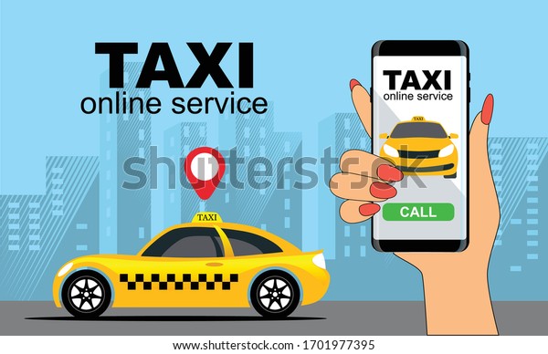 Taxi. City online taxi\
service. Vector image of a car and smartphone on a background of\
urban buildings.