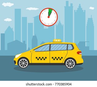 Taxi with clock glyph icon. Vector illustration.