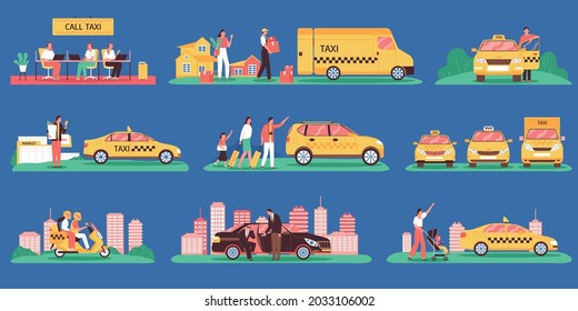 Taxi color set of isolated icons with cityscape elements cabs of different class and clients characters vector illustration