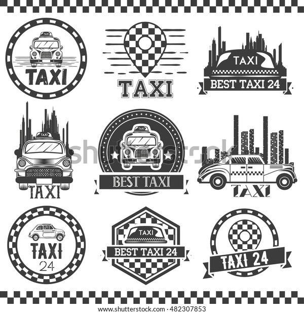 Taxi company labels in vintage style. Design\
elements, icons, logo, emblems and badges isolated on white\
background. Cab transportation\
service.