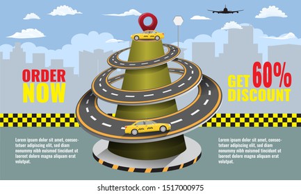 Taxi concept infographic or mobile app with road and taxi cabs with driver. Cityscape on background. Vector illustration.