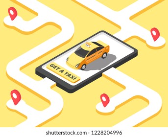Taxi concept. Isometric yellow car cab riding for client on map. Taxi service app vector background