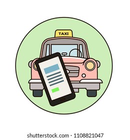 Taxi concept. Man call a taxi by smartphone. Vector illustration.