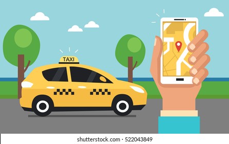 Taxi concept. Man call a taxi by smartphone. Vector illustration.