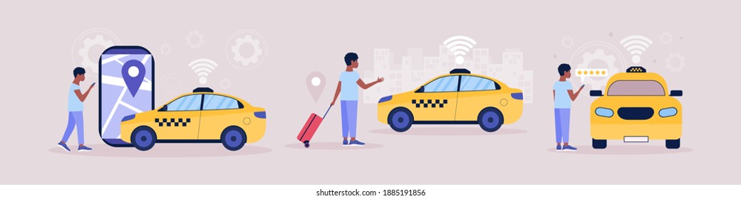 Taxi concept. Young man evaluates taxi ride. Young woman with a luggage calls a taxi.
Colorful flat vector illustration.