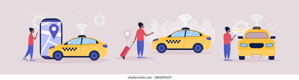 Taxi concept. Young woman evaluates taxi ride. Young woman with a luggage calls a taxi.
Colorful flat vector illustration.