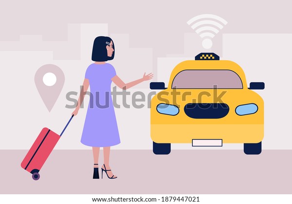 Taxi concept. Young woman with a\
luggage calls a taxi. Colorful flat vector\
illustration.