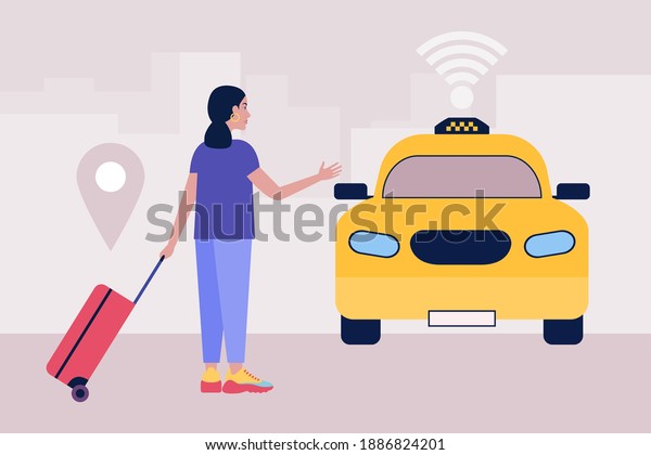 Taxi concept. Young woman with a
luggage calls a taxi. Colorful flat vector
illustration.
