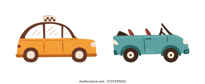 Táxi e vista lateral conversível. Viagem vetorial, viagem e turismo. Veículos bonitos para transporte de passageiros. Conjunto de transporte infantil de desenhos animados. Urbana, carros da cidade e coleção de automóveis