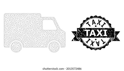 Taxi corroded stamp seal and vector van car mesh structure. Black stamp seal has Taxi caption inside ribbon and rosette. Abstract flat mesh van car, designed with triangular grid.