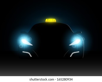 Taxi in the dark with the included headlights. Vector illustration.