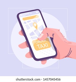 Taxi delivery application flat vector illustration. Cab order, chauffeur service cartoon concept. City travel, urban transportation idea. Client hand holding smartphone with map. Mobile technology