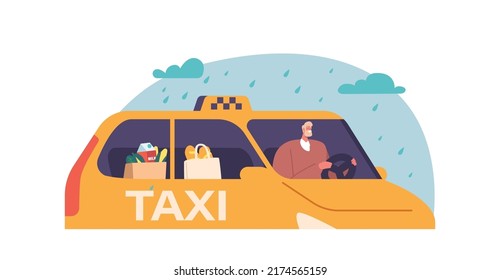 Taxi Delivery Service Concept with Driver Deliver Grocery Food by Taxi Car, Yellow Taxicab with Checker Oracle and Light Box on Roof Automobile Taxi Service, Logistic. Cartoon Vector Illustration