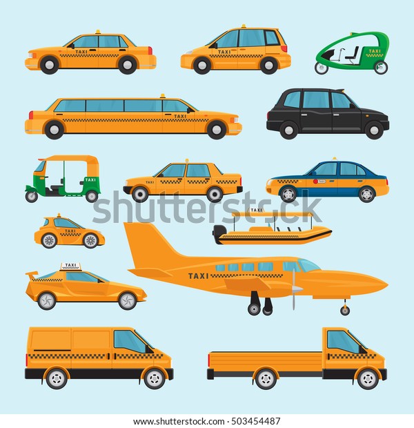 Taxi different\
types. Vector taxi car icons limousine and driving at night\
service, aircraft and rickshaw\
taxis