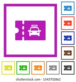 Taxi discount coupon flat color icons in square frames on white background