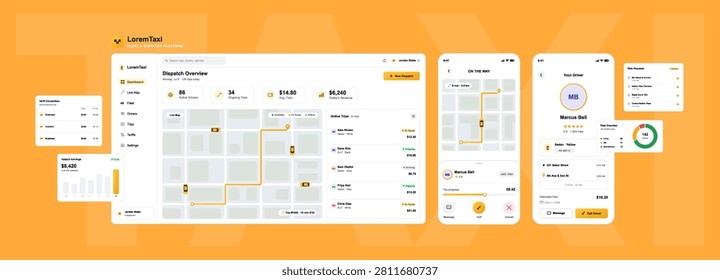 Taxi dispatch platform and fleet management dashboard UI vector template. Dashboard, mobile app screen with UI, UX panels for mobile app screens featuring GPS navigation map, driver tracking. Vector