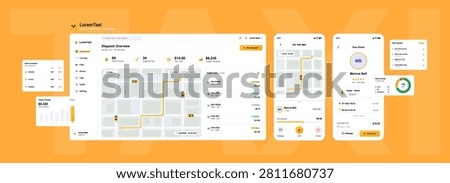 Taxi dispatch platform and fleet management dashboard UI vector template. Dashboard, mobile app screen with UI, UX panels for mobile app screens featuring GPS navigation map, driver tracking. Vector