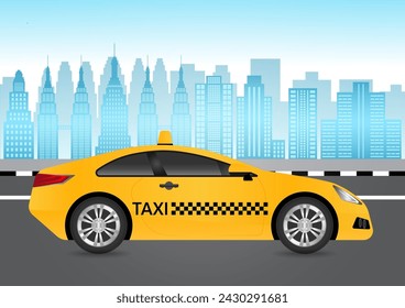 Taxi Drive along the Road in the City. Taxi Service Concept. Vector Illustration. 