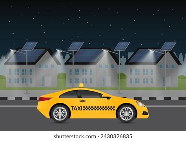 Taxi Drive along the Road in the City at Night. Taxi Service Concept. Vector Illustration. 