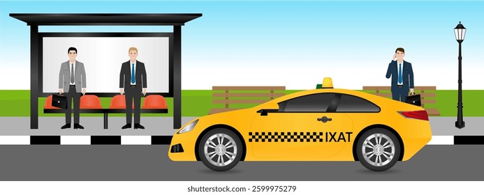 Taxi Drive along the Road in the City. Taxi Service Concept. Vector Illustration. 