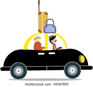Taxi driver along with passenger carrying luggage on top