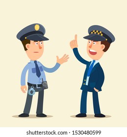 Taxi driver argues, quarrel with a policeman. Aggressive taxi cab driver. Vector illustration, flat design cartoon style. Isolated background.