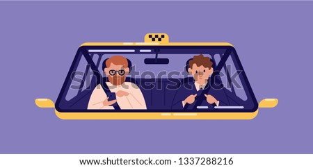 Taxi driver and bearded man sitting in front seat and surfing internet on smartphone in cab seen through windshield. Guy with mobile phone using automobile service. Flat cartoon vector illustration