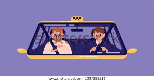 Taxi driver and bearded man sitting in front\
seat and surfing internet on smartphone in cab seen through\
windshield. Guy with mobile phone using automobile service. Flat\
cartoon vector\
illustration