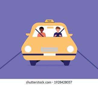 Taxi Driver And Black Skin Man Sitting In Front Seat In Cab. A Front View Of A Taxi Cab, Driver And Passenger On A Front Seat. Flat Cartoon Vector Illustration