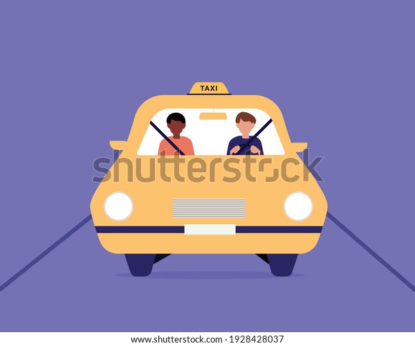 Taxi driver and black skin\
man sitting in front seat in cab. A front view of a taxi cab,\
driver and passenger on a front seat. Flat cartoon vector\
illustration